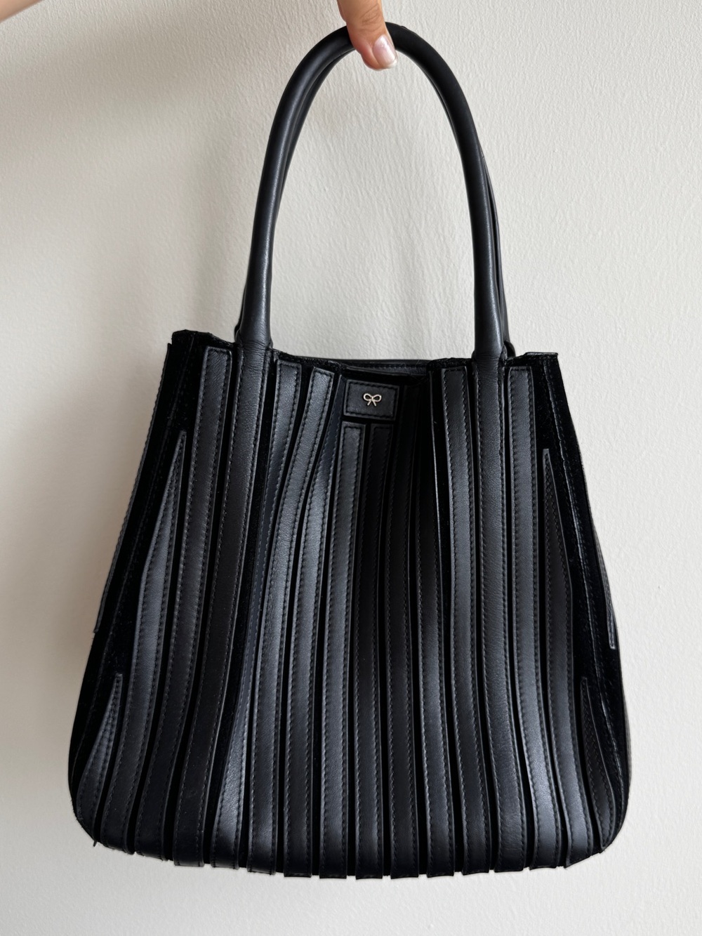 Anya Hindmarch Belvedere Black Leather Pleated Tote Shoulder Bag